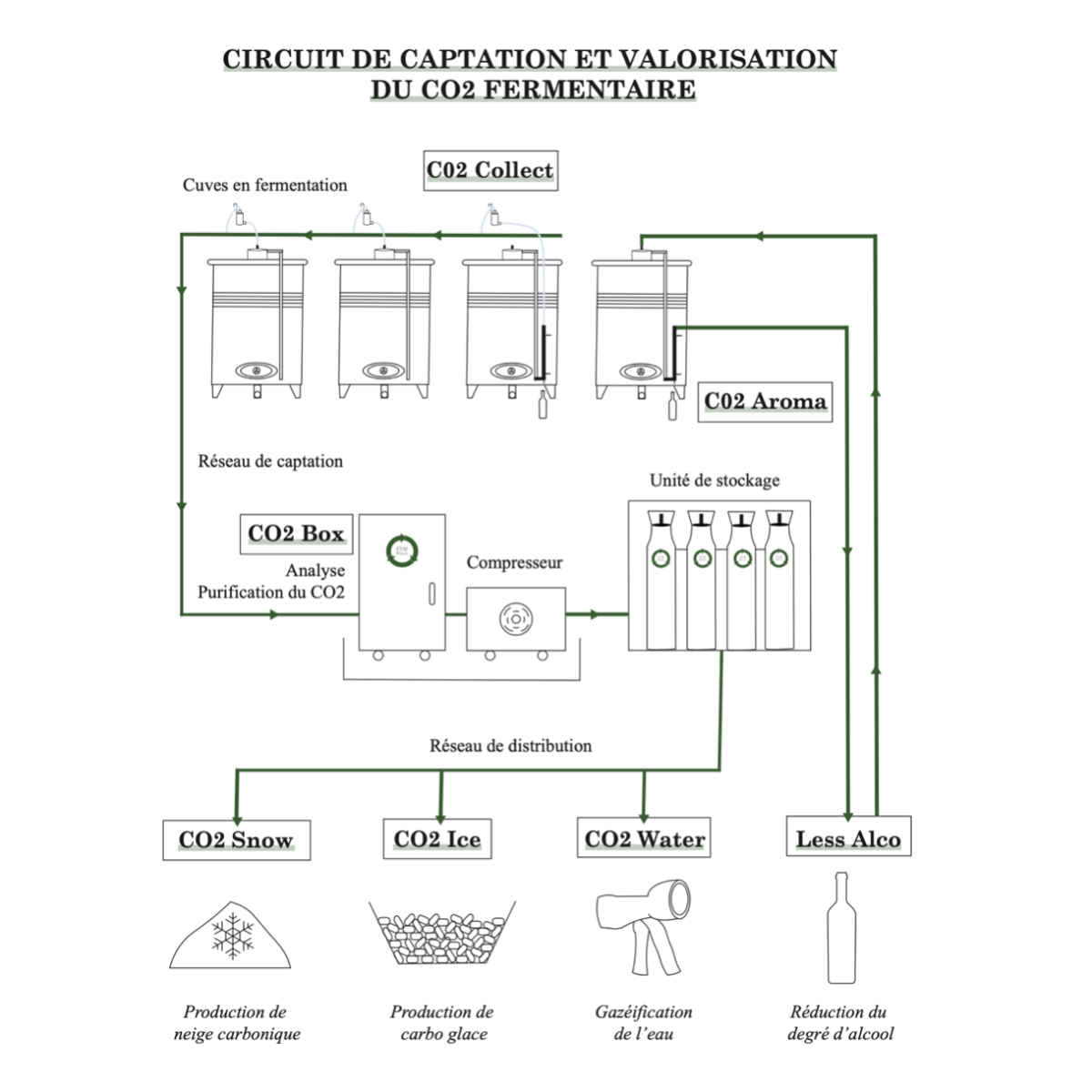 Schéma circuit de captation et valorisation du CO2 fermentaire