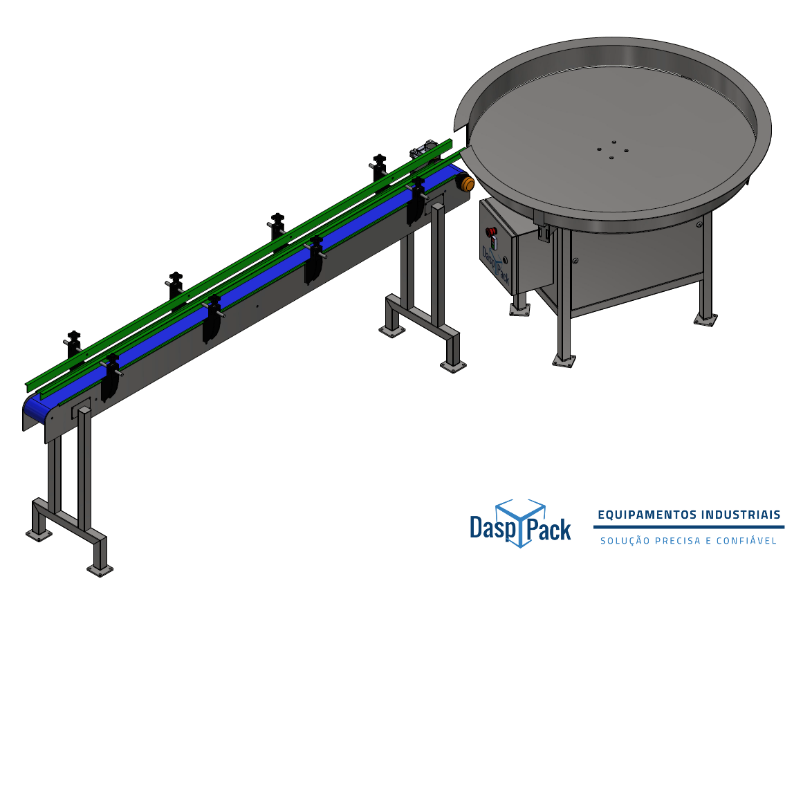 Esteira Transportadora, Sistema de Rejeição, Mesa Giratória de Acúmulo, Esteiras Laterais de Transferência de Produtos "Side Grip"